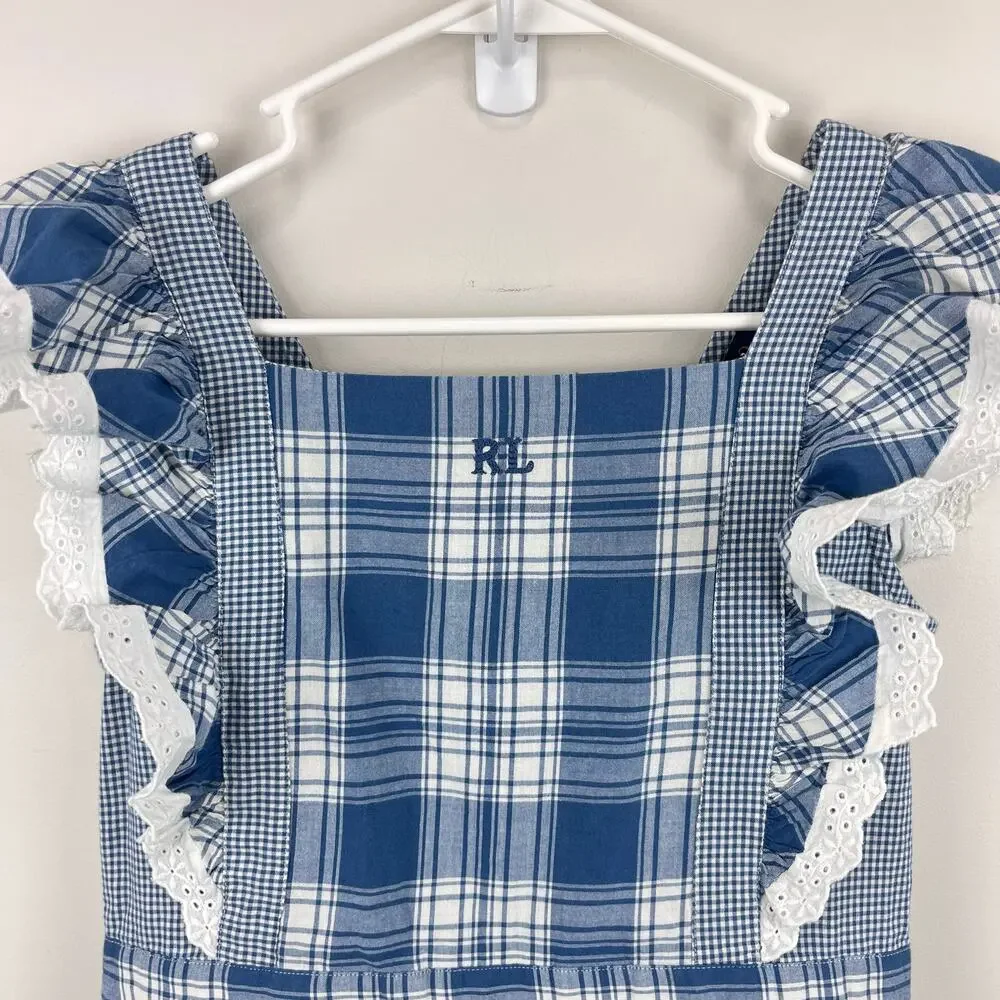 Ralph Lauren Girls Mixed Plaid Cotton Madras Dress Cottage White Blue 12